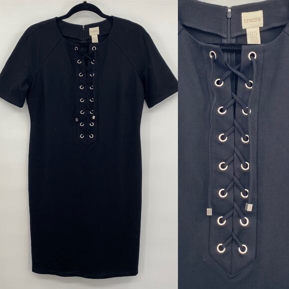 Chicos Dress Black Dress Lace Up Front Zip Up Back Midi Short Sleeve Womens 6 - Picture 1 of 10